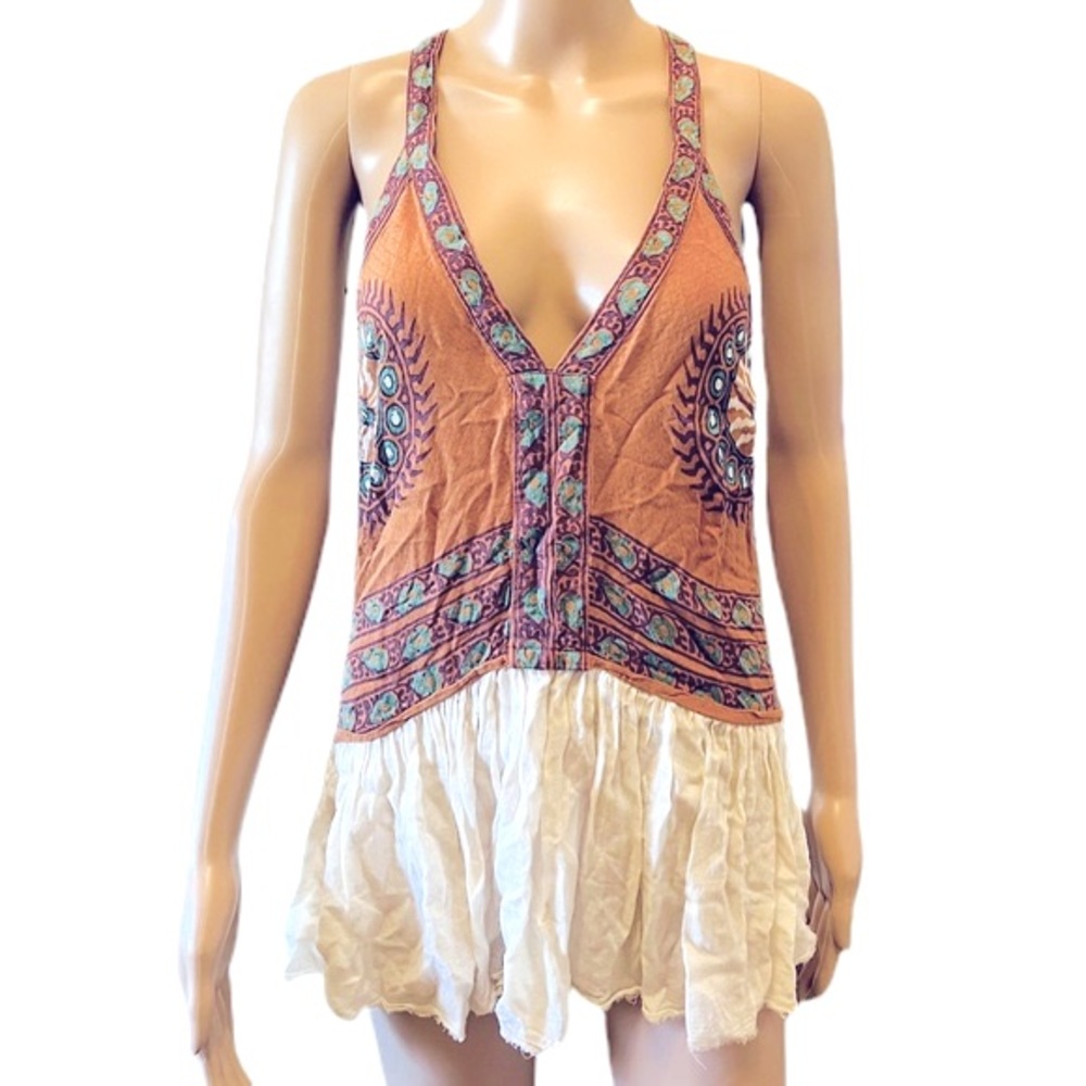 FREE PEOPLE Boho Print Deep-V Low Back Sleeveless Tunic Top Size Medium